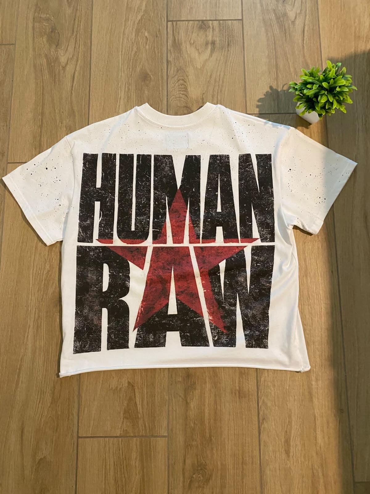 Retro della t-shirt con la scritta HUMAN RAW e una grande stella rossa